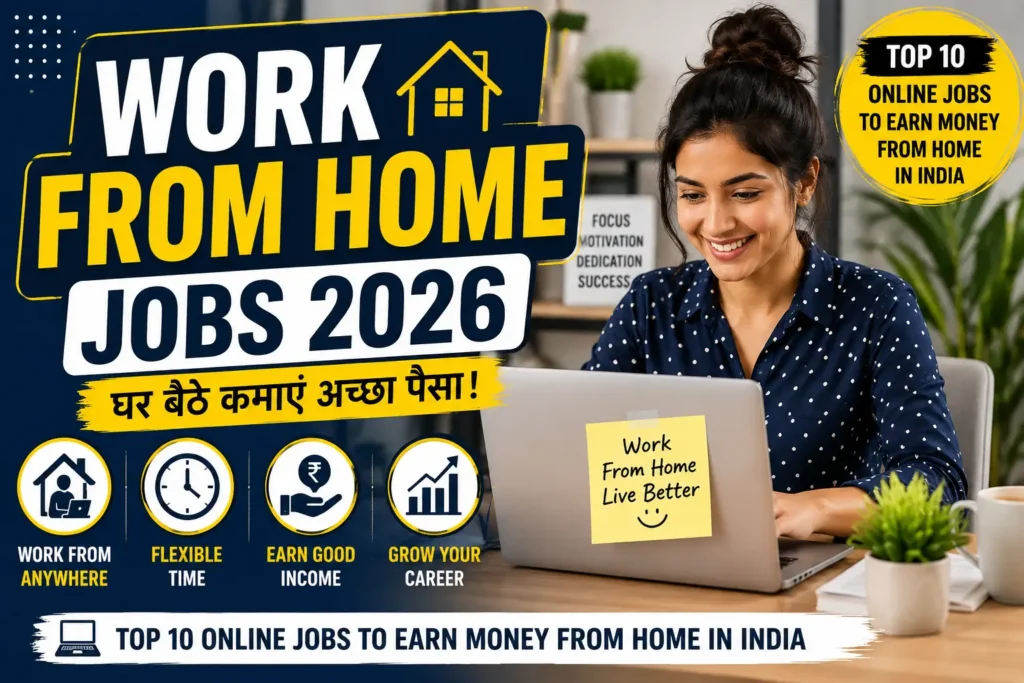 Work From Home Jobs 2026 banner showing woman working on laptop at home with text earn money online in India
