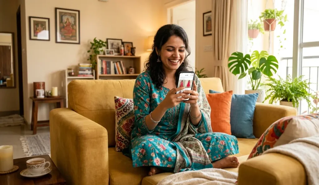 A woman using a mobile reselling app on her phone to manage her online clothing business from home.