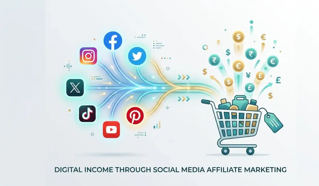 Digital infographic representing affiliate marketing and earning money through social media link sharing.