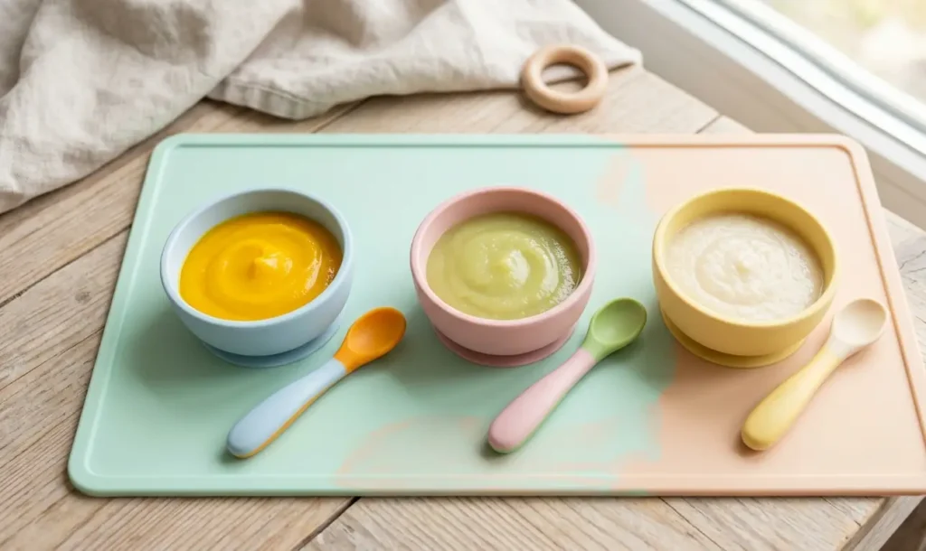 Assorted healthy and smooth homemade baby food purees in small colorful bowls for a 6-month-old infant.
