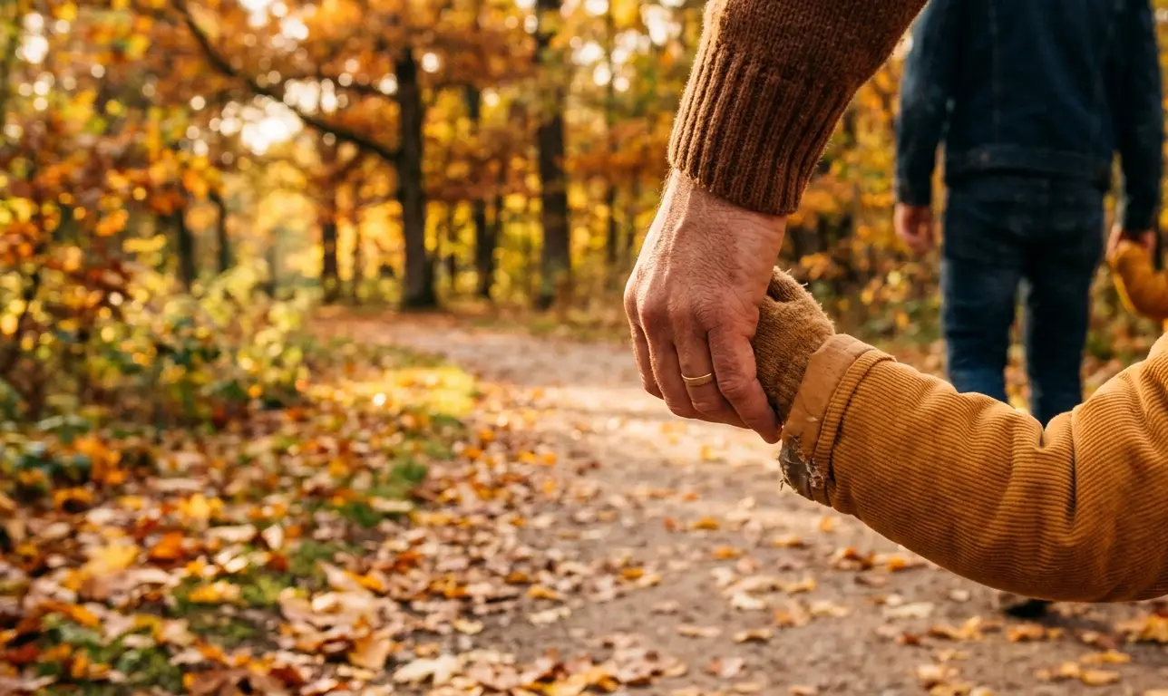 A touching close-up photograph capturing the moment a father guides his young child's hand while they walk along a winding path in a beautiful, autumn park, representing parental love, support, and guidance on Father's Day.