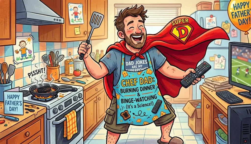 A cheerful and whimsical cartoon illustration of a 'superhero dad' wearing a colorful cape over a comical 'BBQ Master' apron. He jokingly holds a spatula and a television remote, symbolizing the playful and humorous side of fatherhood.