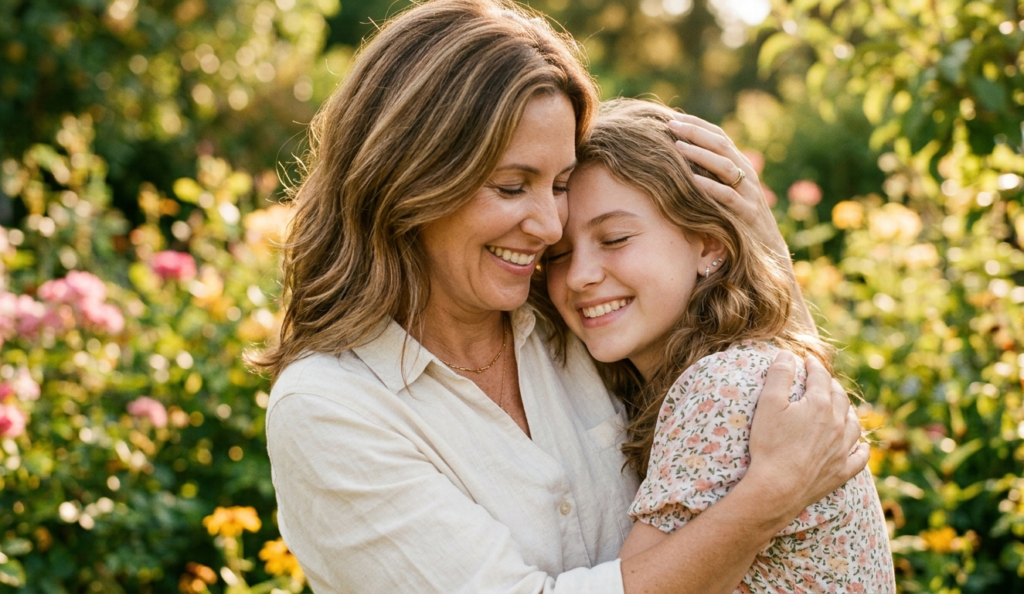 A touching moment showing a mother hugging her teenage daughter affectionately in a sunlit garden on her birthday.
