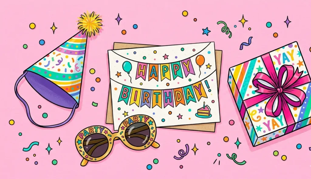 A colorful and fun flat-lay illustration representing a playful and humorous birthday celebration for a daughter.