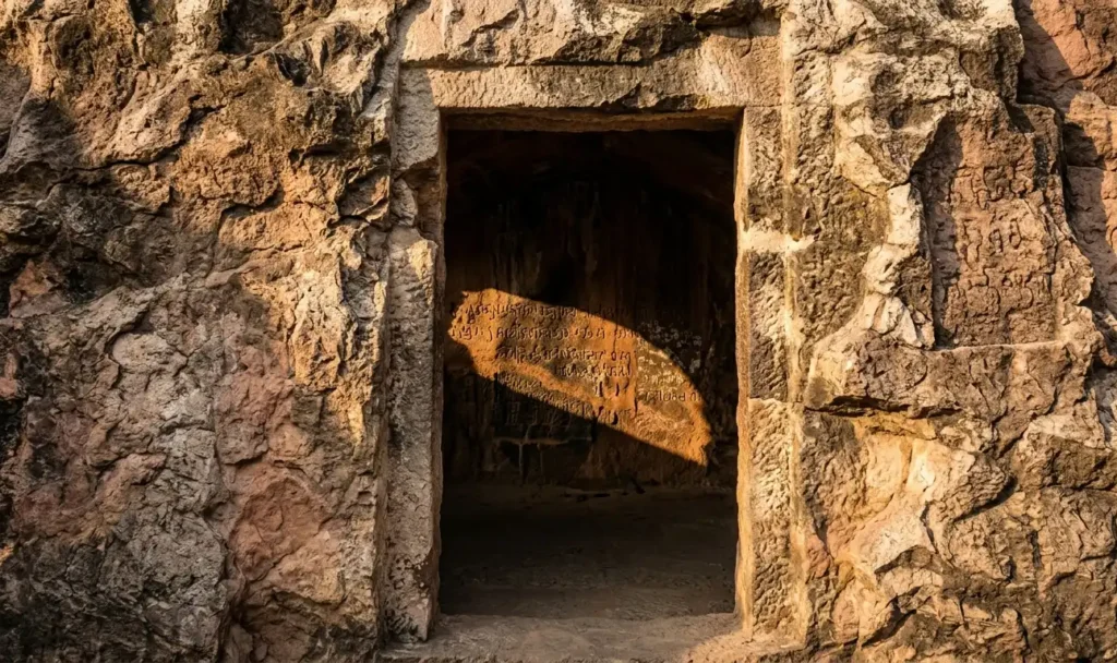 The mysterious rock-cut Sonbhandar Caves in Rajgir, displaying ancient inscriptions on its stone walls.