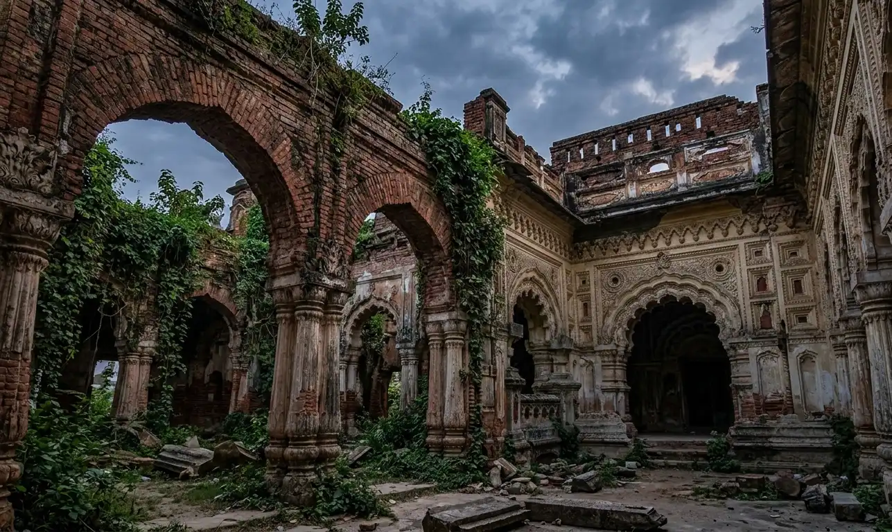 The historic and majestic ruins of Navlakha Palace in Rajnagar, showcasing ancient architecture.   