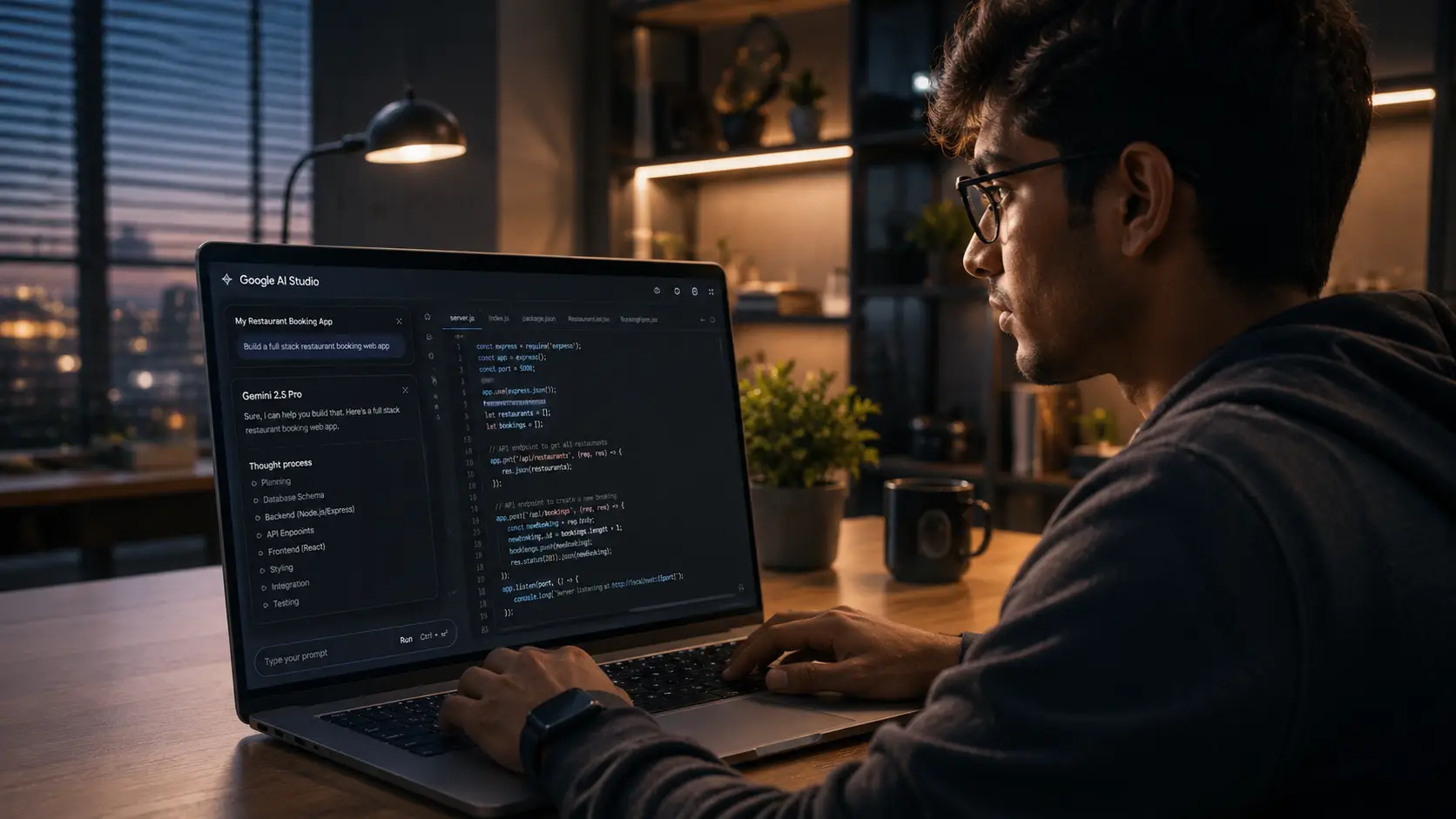 Young Indian developer using Google AI Studio on laptop, AI-generated code visible on screen, modern workspace with realistic human expression, professional coding environment, cinematic lighting, ultra realistic technology scene.