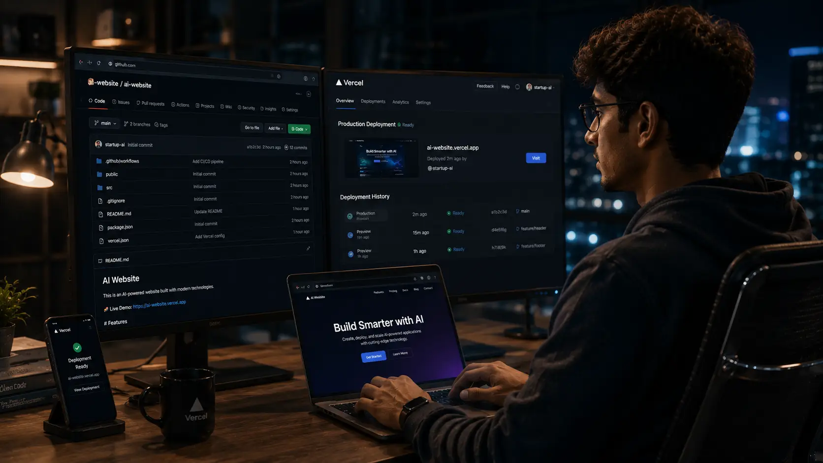 Modern startup founder launching AI-built website on Vercel with GitHub dashboard visible, production deployment process, futuristic workspace, realistic human expression, cinematic technology atmosphere, ultra realistic  scene.