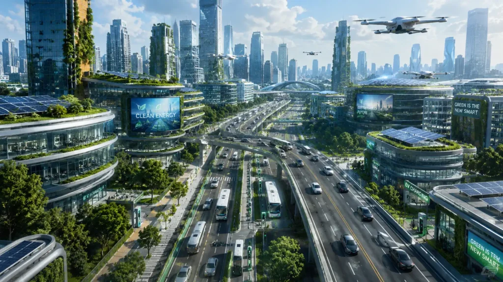 Futuristic smart city powered by electric mobility and clean energy.