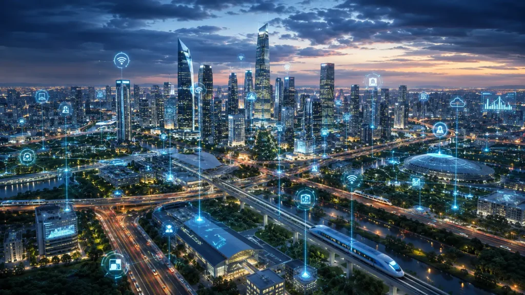 Smart city using data and technology to improve urban life.