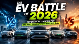 The EV Battle of 2026 thumbnail featuring next-generation electric SUVs competing side by side on a futuristic city road. Dramatic lightning effects, neon energy visuals, and modern electric vehicles symbolize the upcoming electric SUV market competition. Cinematic automotive technology concept with futuristic urban skyline and high-performance EV innovation.