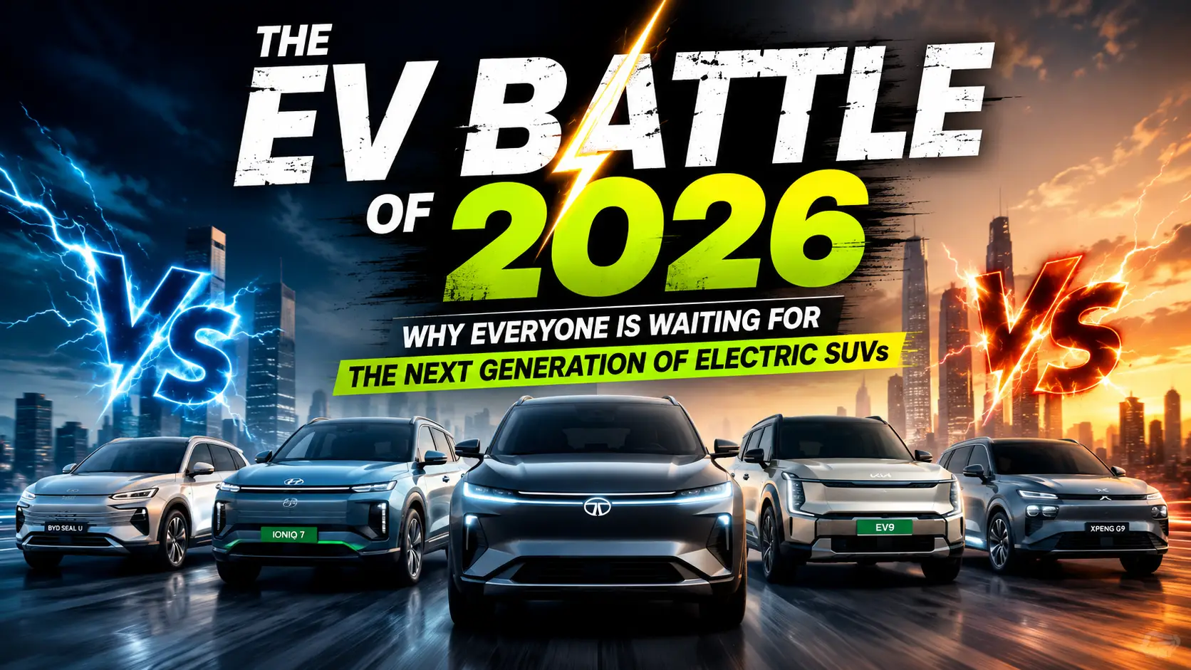 The EV Battle of 2026 thumbnail featuring next-generation electric SUVs competing side by side on a futuristic city road. Dramatic lightning effects, neon energy visuals, and modern electric vehicles symbolize the upcoming electric SUV market competition. Cinematic automotive technology concept with futuristic urban skyline and high-performance EV innovation.
